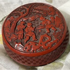 4.5 Old Chinese Handcarved Red lacquerware Character Landscape jewelry box